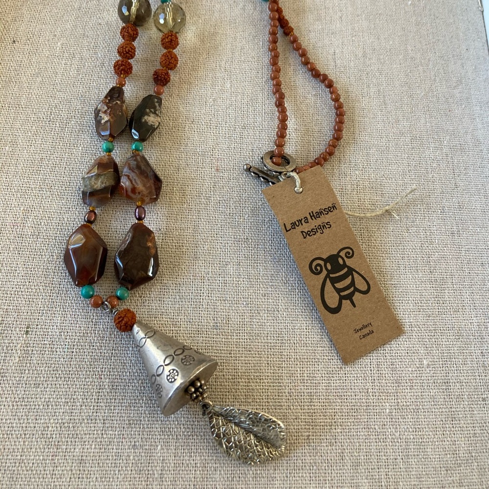 Thai Sterling Cone Pendant Leaf Long strand Quartz, Rudraksha Seed & Tur… Boho
